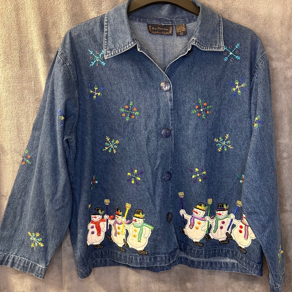 New Direction Denim Christmas Snowman Jacket Embroidered Holiday Winter L